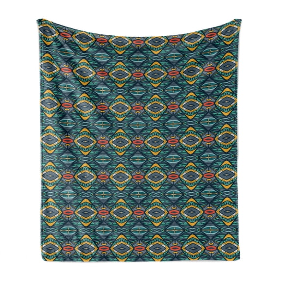 Abstract Soft Flannel Fleece Throw Blanket, Diamond Shapes with Effect and Folkloric Ornaments Native Tribal Influences, Cozy Plush for Indoor and Outdoor Use, 70" x 90", Multicolor, by Ambesonne