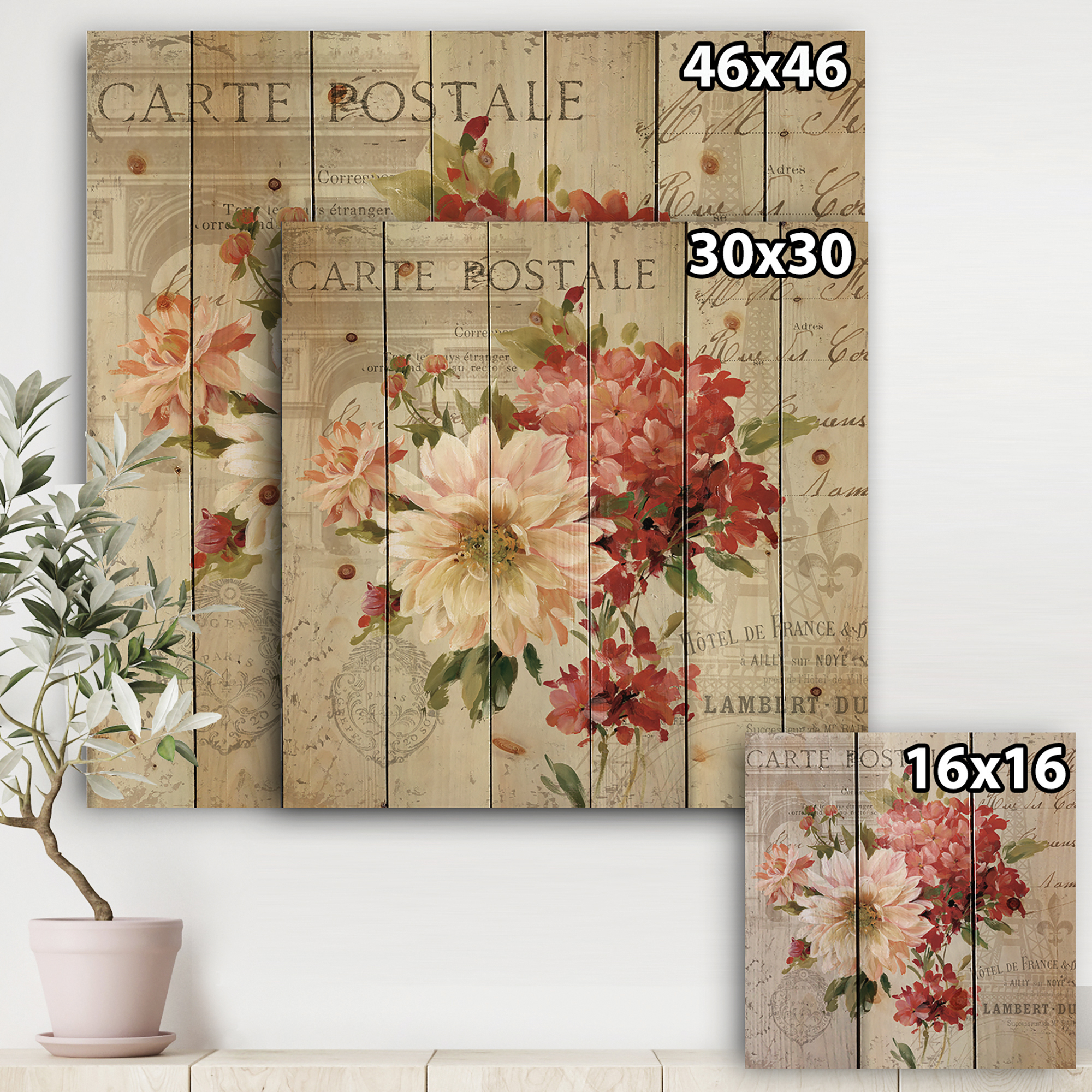 Designart 'Red Painted Flowers on Vintage Postcard III' Farmhouse Print on Natural Pine Wood