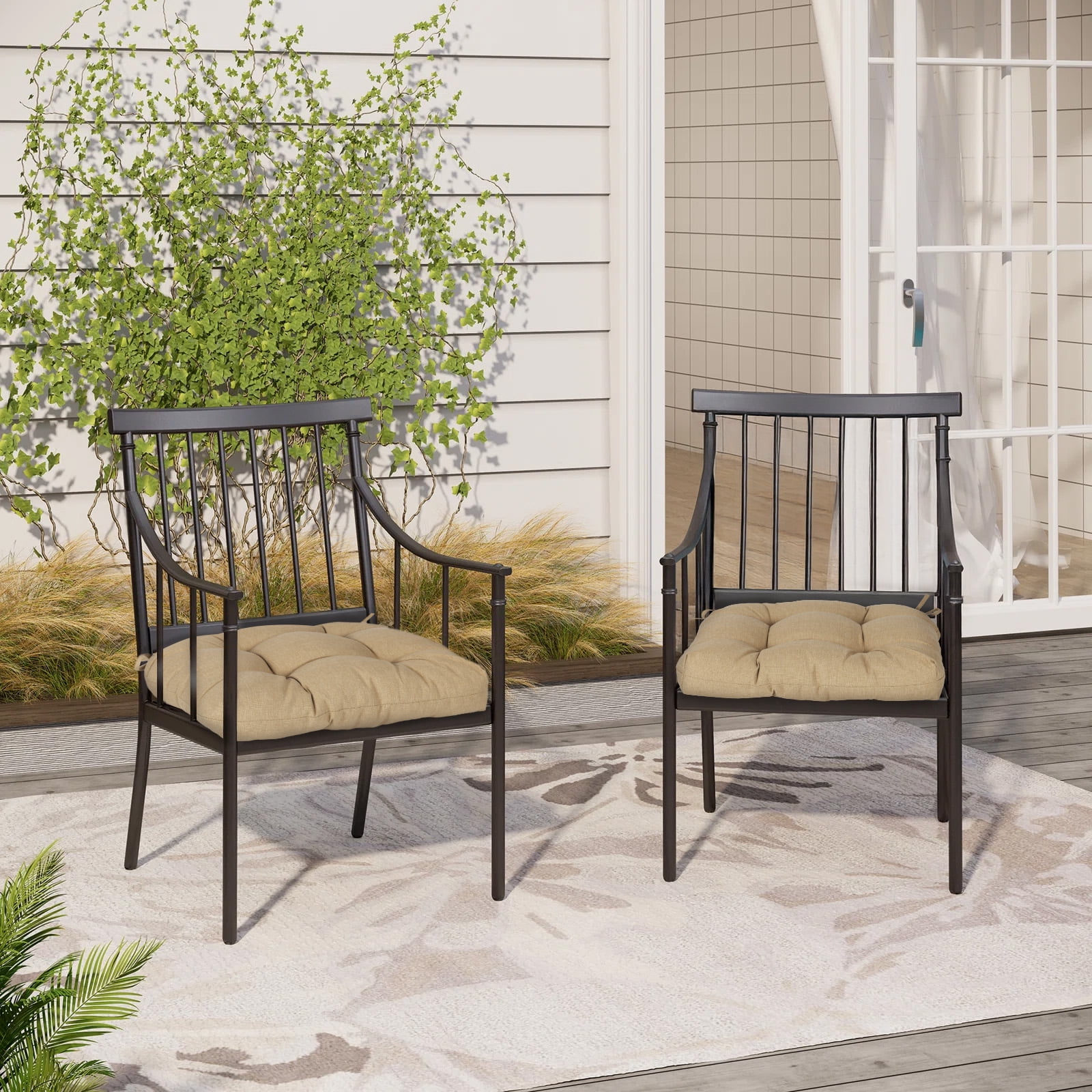 Aoodor 19x19x5 Inch Tufted Outdoor Chair Cushions, Water and Fade Resistant Polyester Dining Chair Pads with Ties for Patio Furniture, Set of 4, Brown