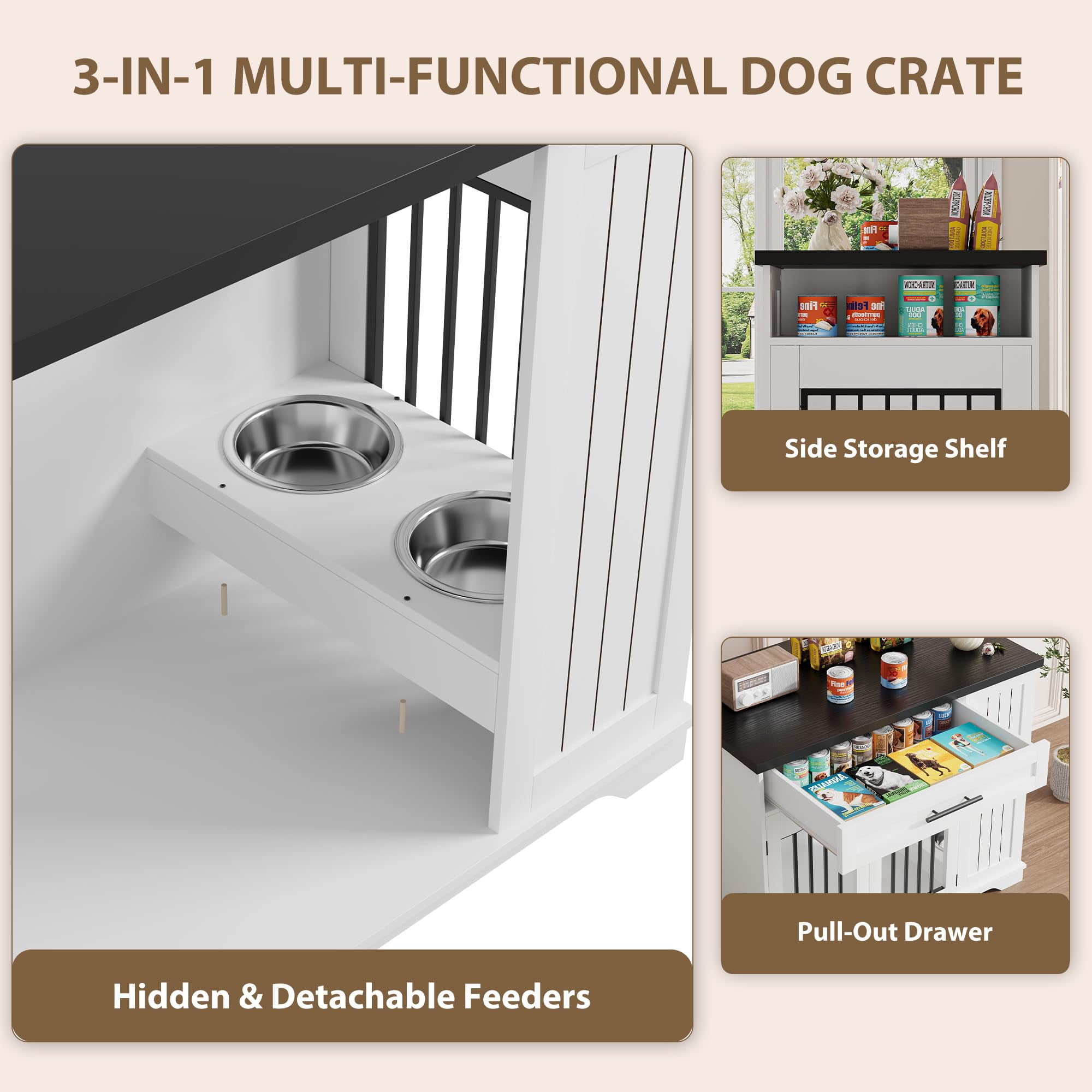 Garvee 43'' Dog Crate Furniture, Dog Kennel Indoor with 1 Big Storage Drawers and Hidden Feeding Bowl, Sturdy Wood Dog Crate with 2 Doors and Adjustable Shelf for Small, Medium Dogs White