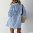 thumbnail image 4 of Women's 2 Piece Summer Outfits Long Sleeve Cutout Button Down Shirts Shorts Cotton Trendy Oversized Loose Lounge Set, Sky Blue, M, 4 of 7