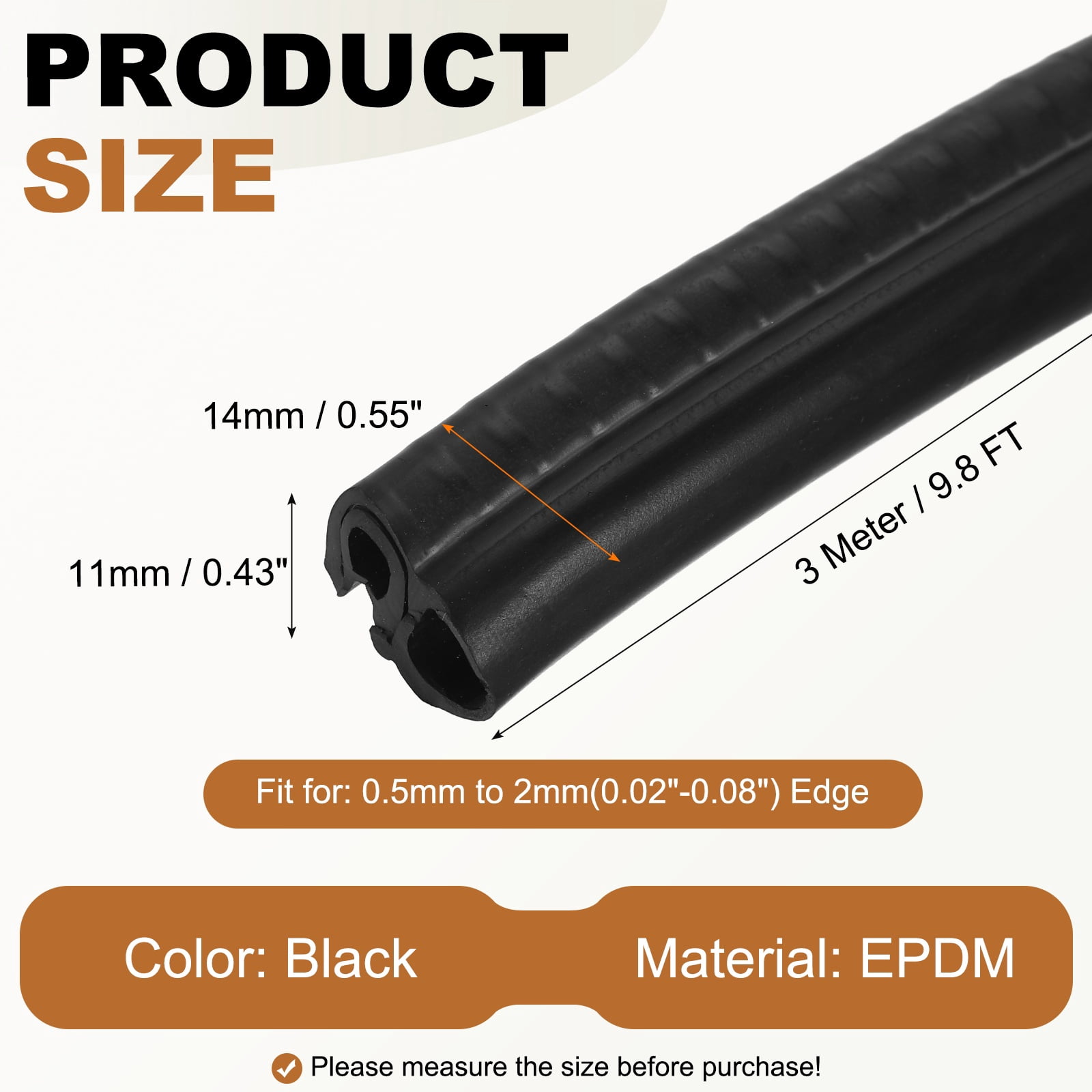Door Weather Stripping 9.8FT, 14mm W x 11mm H EPDM Car Door Rubber Edge Trim Seal Strip Gasket with Side Bulb Fit 0.5mm to 2mm Edge for Electrical Cabinet Car Boat RV Truck, Black