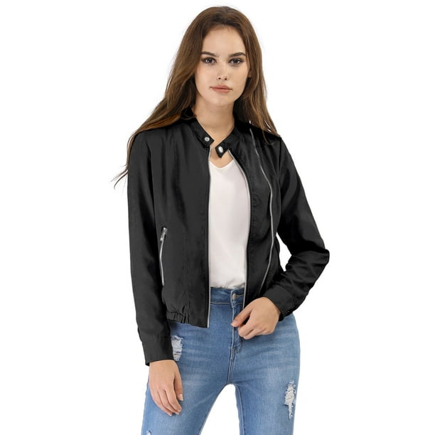 Chaqueta corta de motociclista Allegra K Piel sintética asimétrica con cremallera frontal Negro M