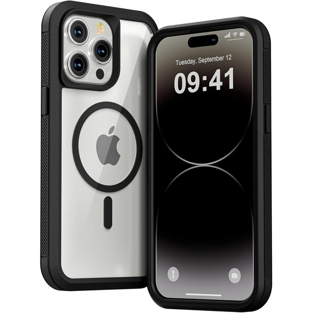 for iPhone 14 Pro Max Case,Compatible with MagSafe,Heavy Duty Shockproof Protection Phone Cases,Double Layer Transparent Magnetic Protective Cover for iPhone 14 Pro Max,6.7 inch, Black