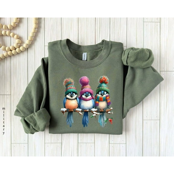 Winter Birds Sweatshirt, Cute Blue Birds in Beanies Pullover, Bird Sweater, Cozy Winter Animal Shirt, Idea Tshirt All Size S-5XL