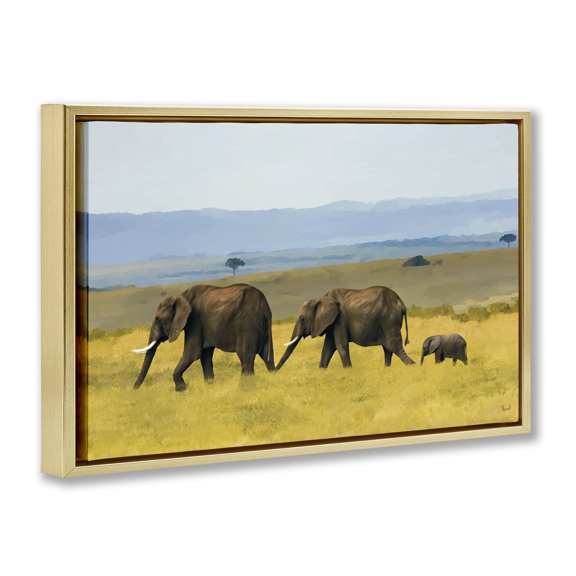 Stupell Industries Elephants In The Grassland Gold Framed Floater Canvas Wall Art, design by Renel Peters