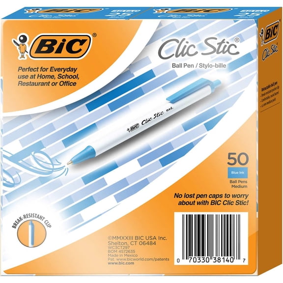 BIC Clic Stic Retractable Ballpoint Pen, Medium Point 1.0mm - 50 Count (Blue)
