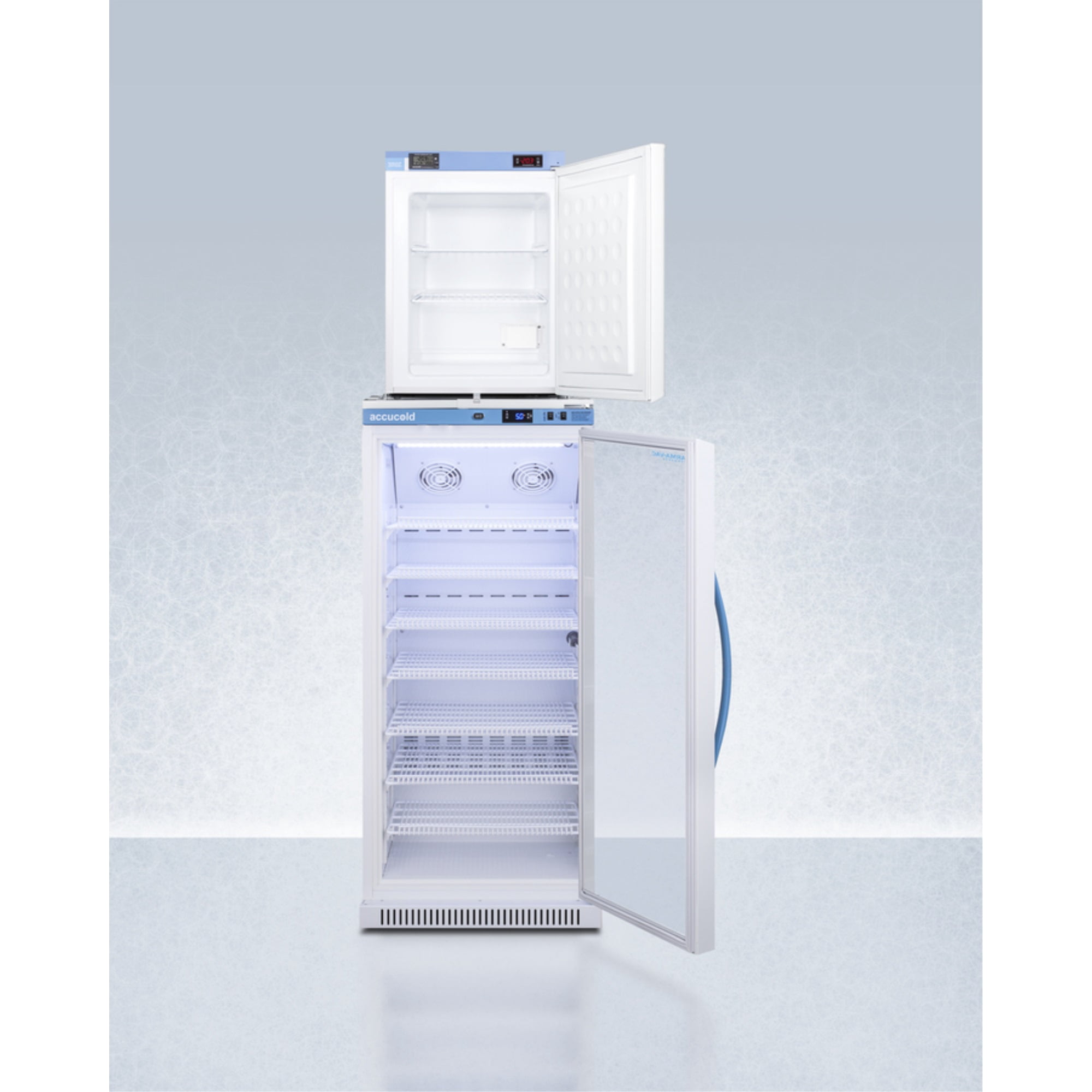 Stacked vaccine refrigerator-freezer combination