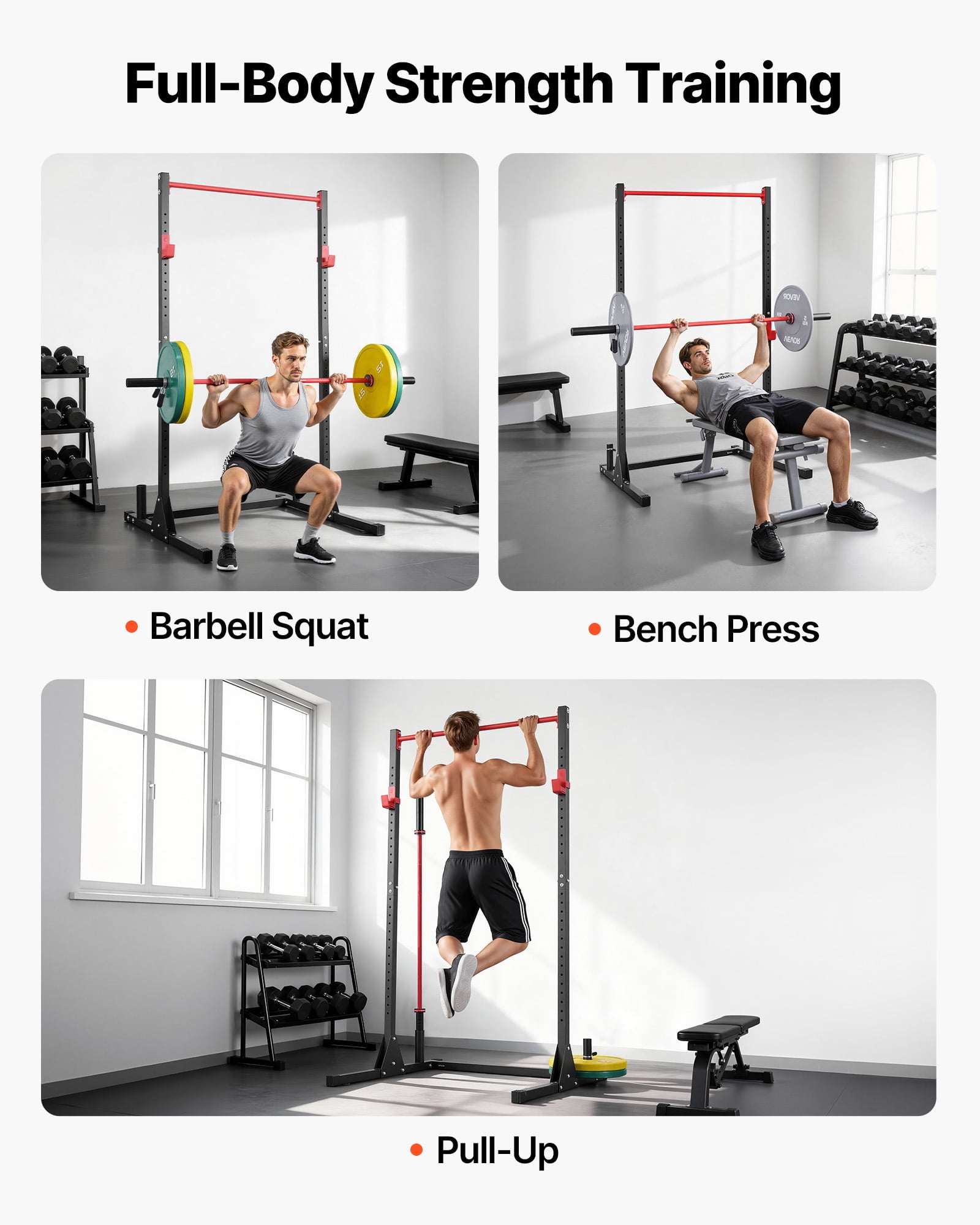 VEVOR Power Cage Squat Rack, Multifunctional Power Rack Bench Press Equipment with 28-Level Adjustable J-Hooks, 800LBS Strength Training Workout Home Gym for Barbell Squats, Pull-Up, Weight Lifting