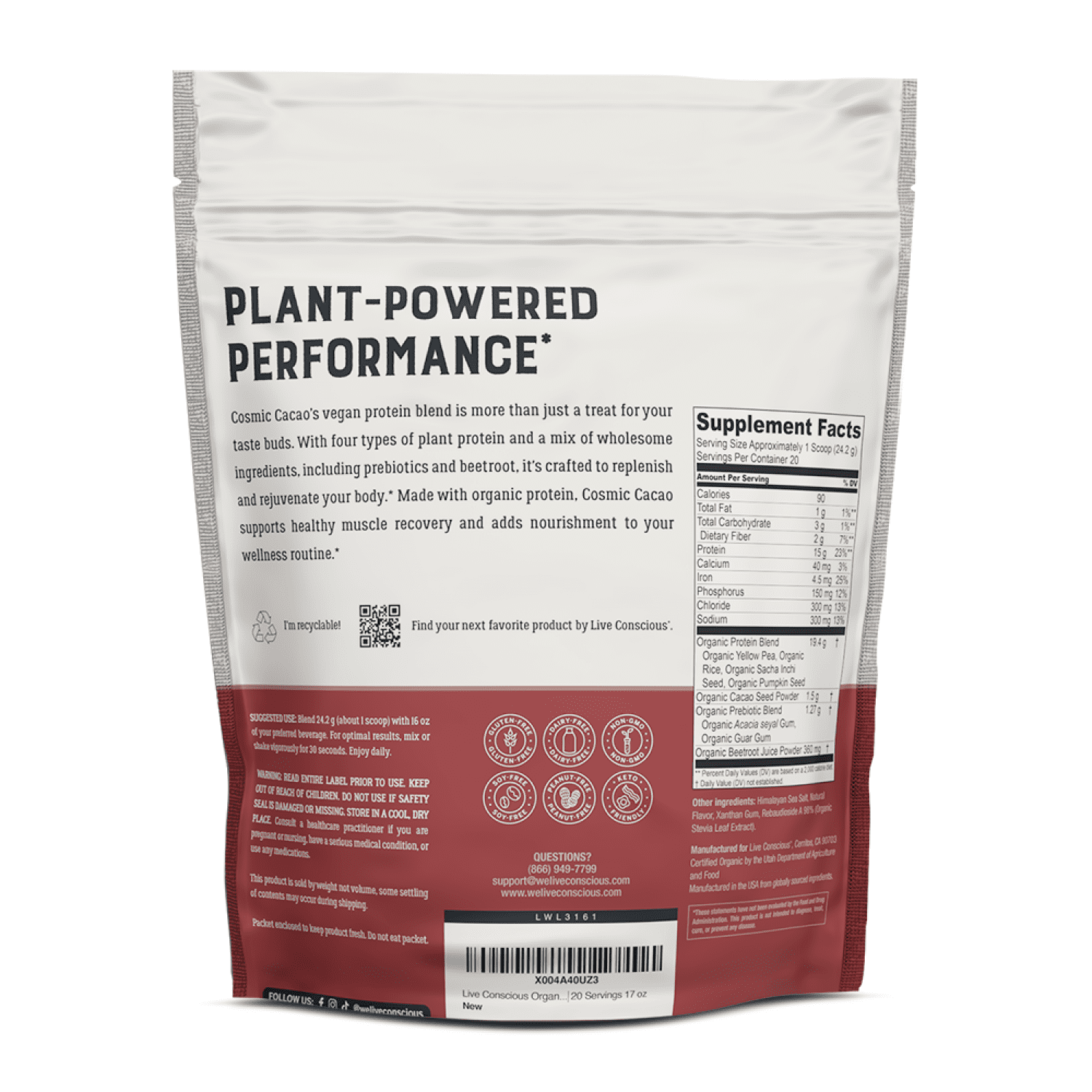 Live Conscious Pea Protein Powder, Cosmic Cacao Chocolate, Pea Brown Rice Pumpkin & Sacha Inchi Blend, 20 Servings