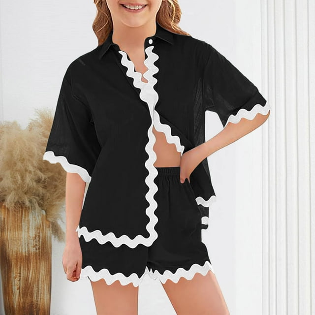 Girls And Boys Casual Short Sleeve Shirt Shorts Ribbon Decorative Cotton Linen Set Clothing Two Piece Set