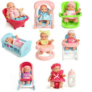 Set Of 8 Assorted 5" Mini Dolls, High Chair, Stroller, Crib, Car Seat, Bath, Potty, Swing,