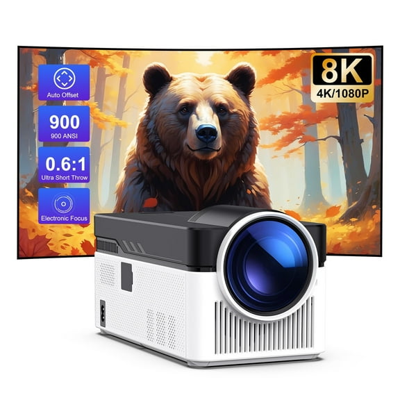 [900 ANSI & Electric Focus] Ultra Short Throw Smart Projector with WiFi 6 and BT 5.4, Native 1080P 4K Support, Auto Correction Video Projector for Home Theater Outdoor Use