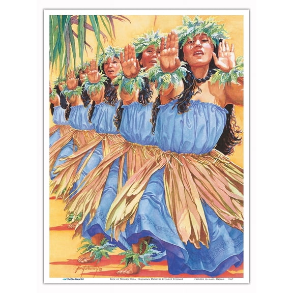Row of Women Hula (Kekahi Pae O Nā Wahine Hula) - Hawaiian Dancers - From an Original Watercolor Painting by Janet Stewart - Master Art Print (Unframed) 9in x 12in