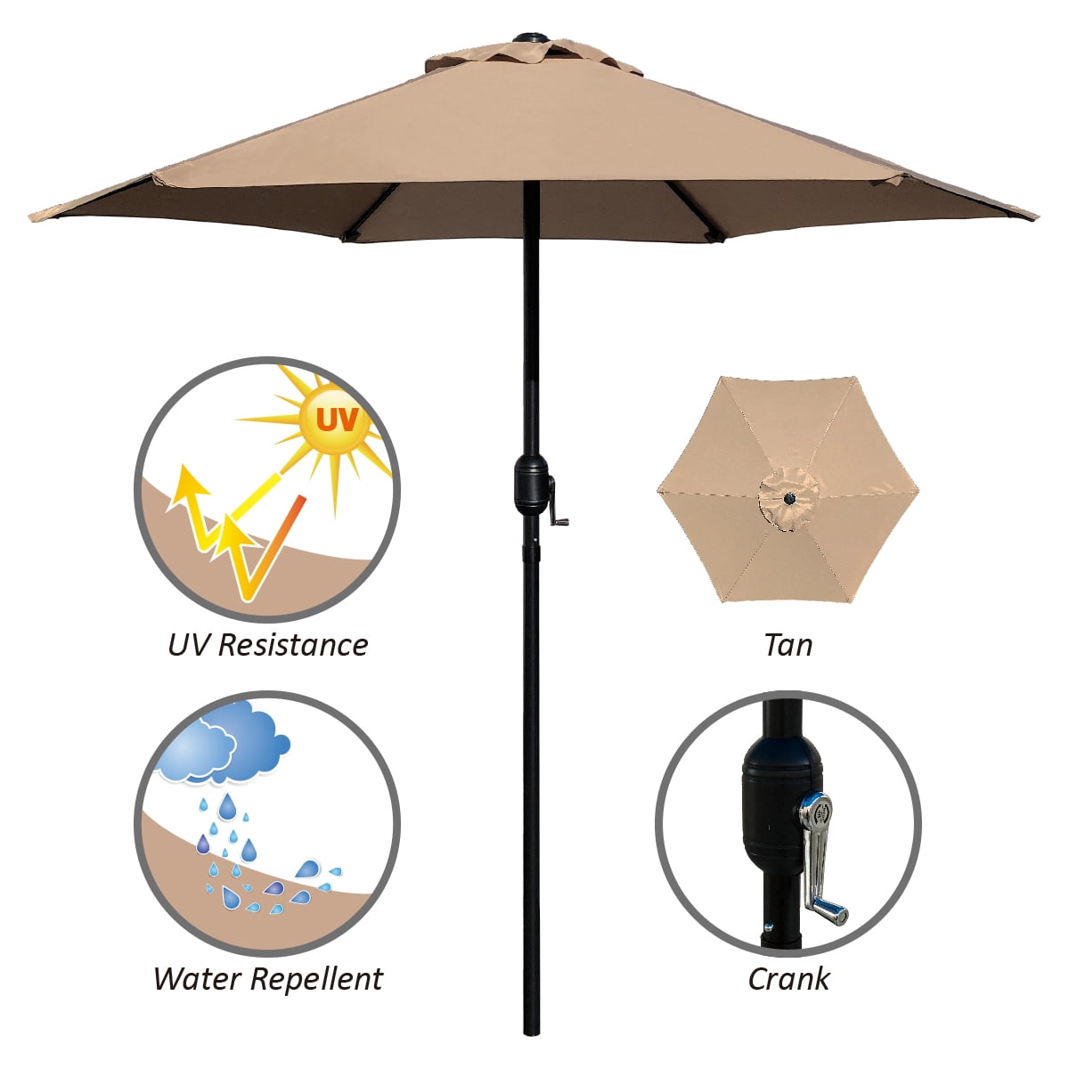 Abble 7.5ft Patio Umbrella with Crank Outdoor Market Umbrella with 6 Ribs for Garden Deck Backyard Pool, Tan
