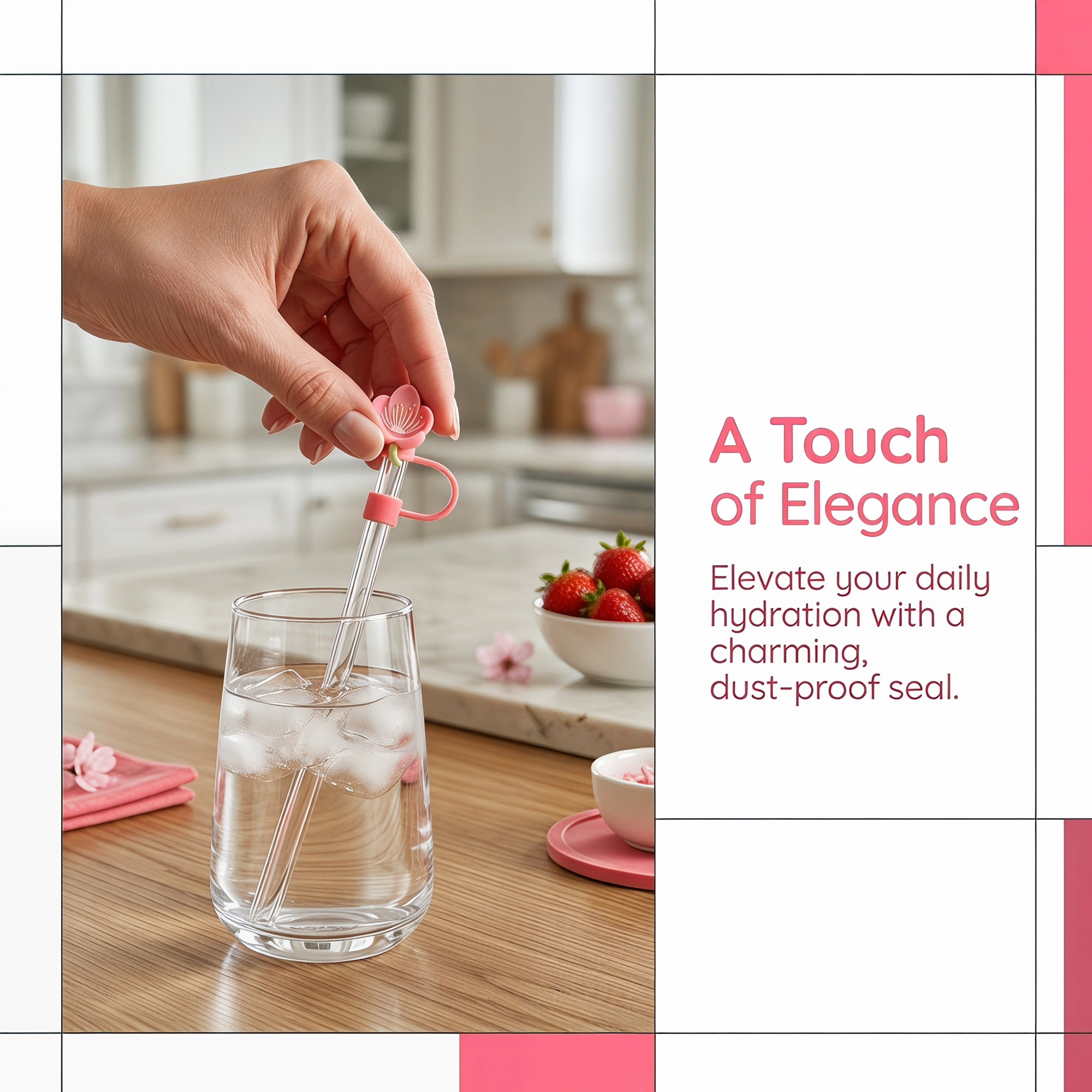 Unique Bargains Floral Silicone Straw Caps Reusable Dust-Proof Toppers Rose Red D