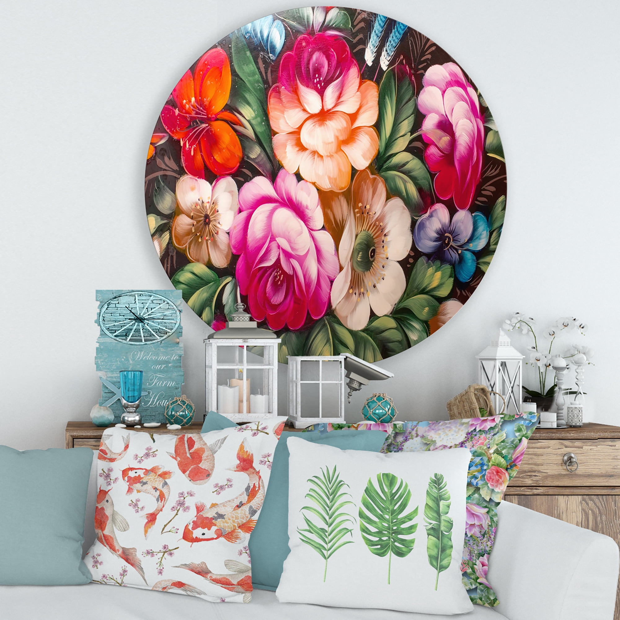 Designart 'Vintage VIbrant Yellow and Red Flower Still Life III' Traditional Circle Metal Wall Art 29x29 - Disc of 29