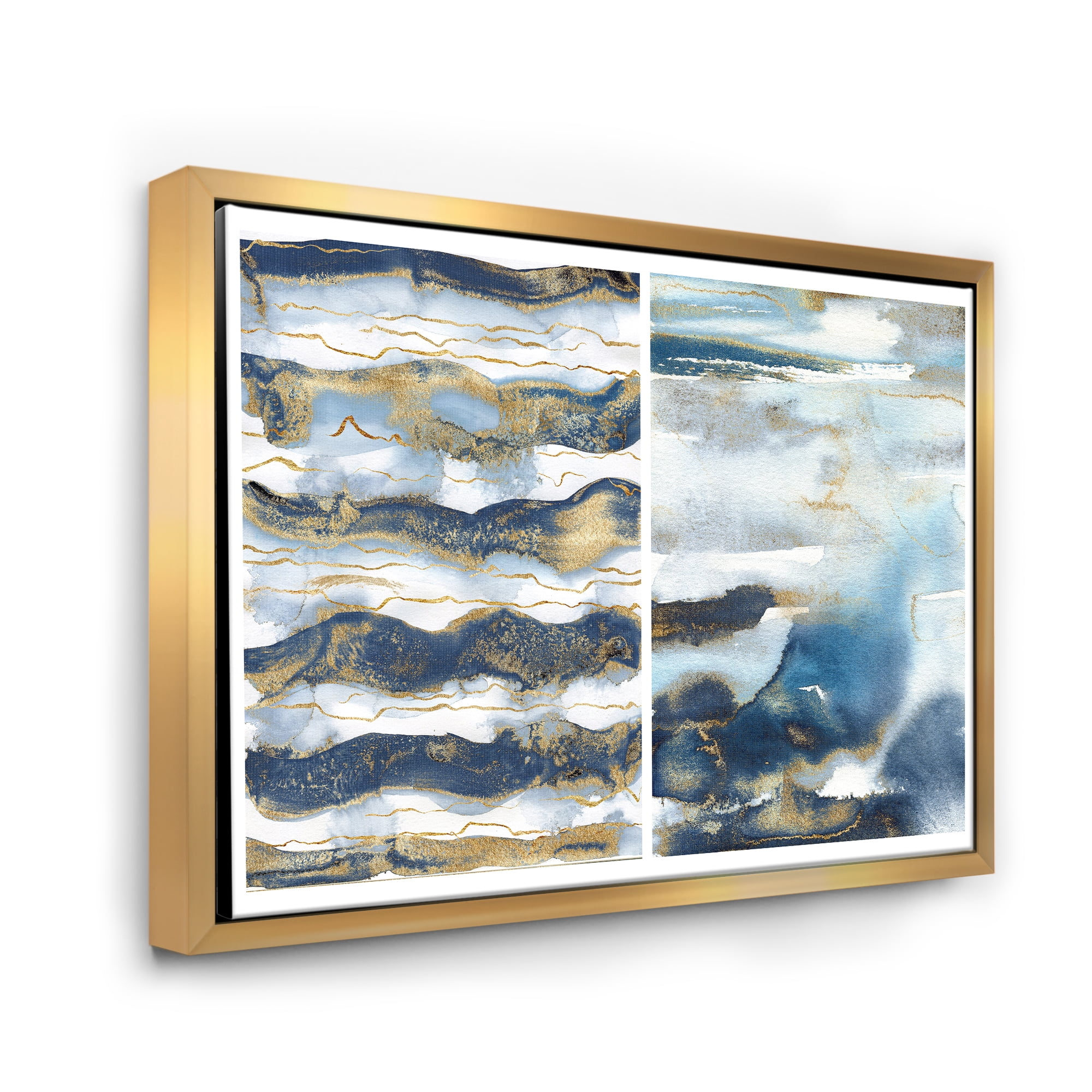 Designart 'Gold and Dark Blue Abstract Waves II' Modern Framed Canvas Wall Art Print