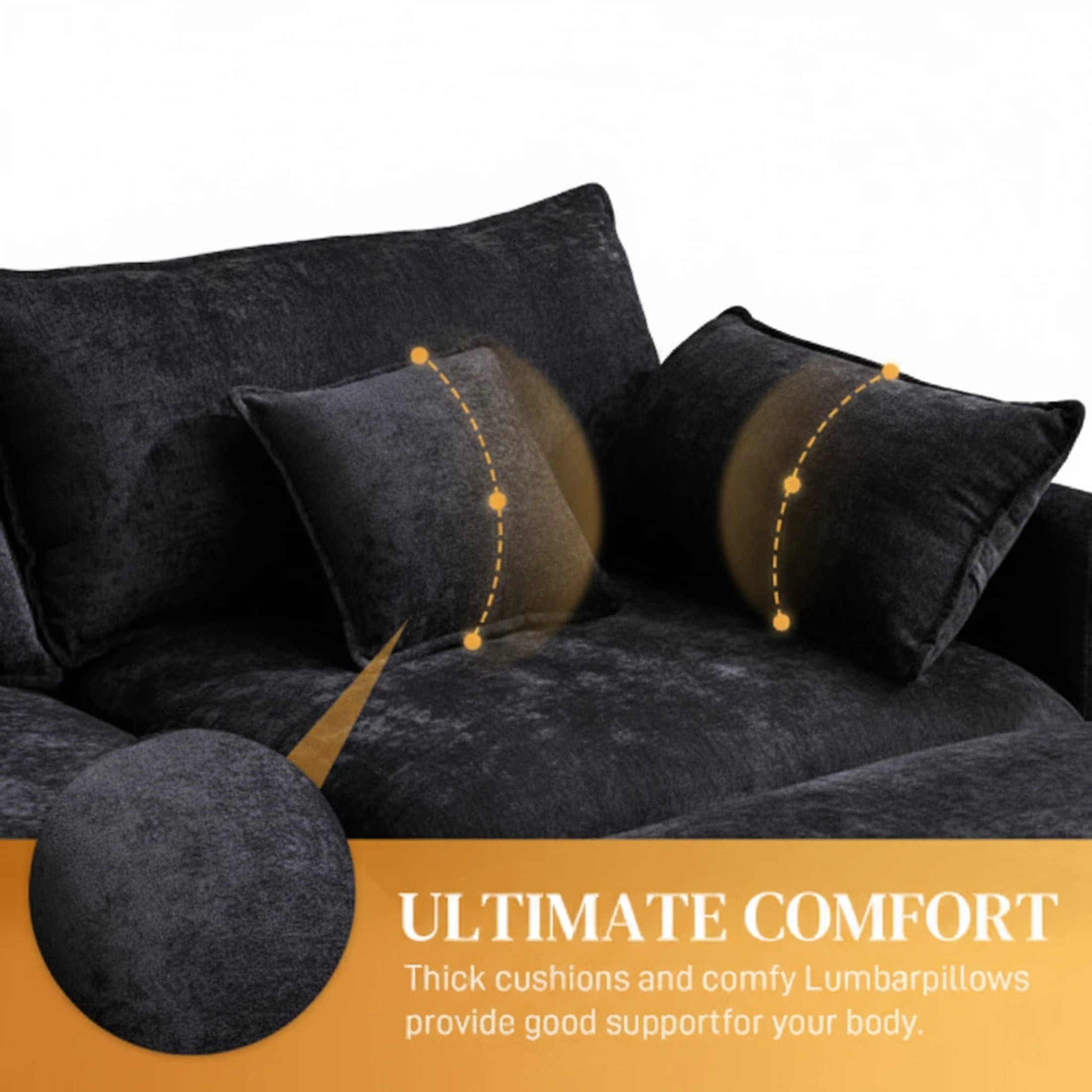 Aisword 145" U Shaped Cloud Couch Sectional with USB Charging, Hidden Storage, Cup Holders & Chenille Double Chaise, Black