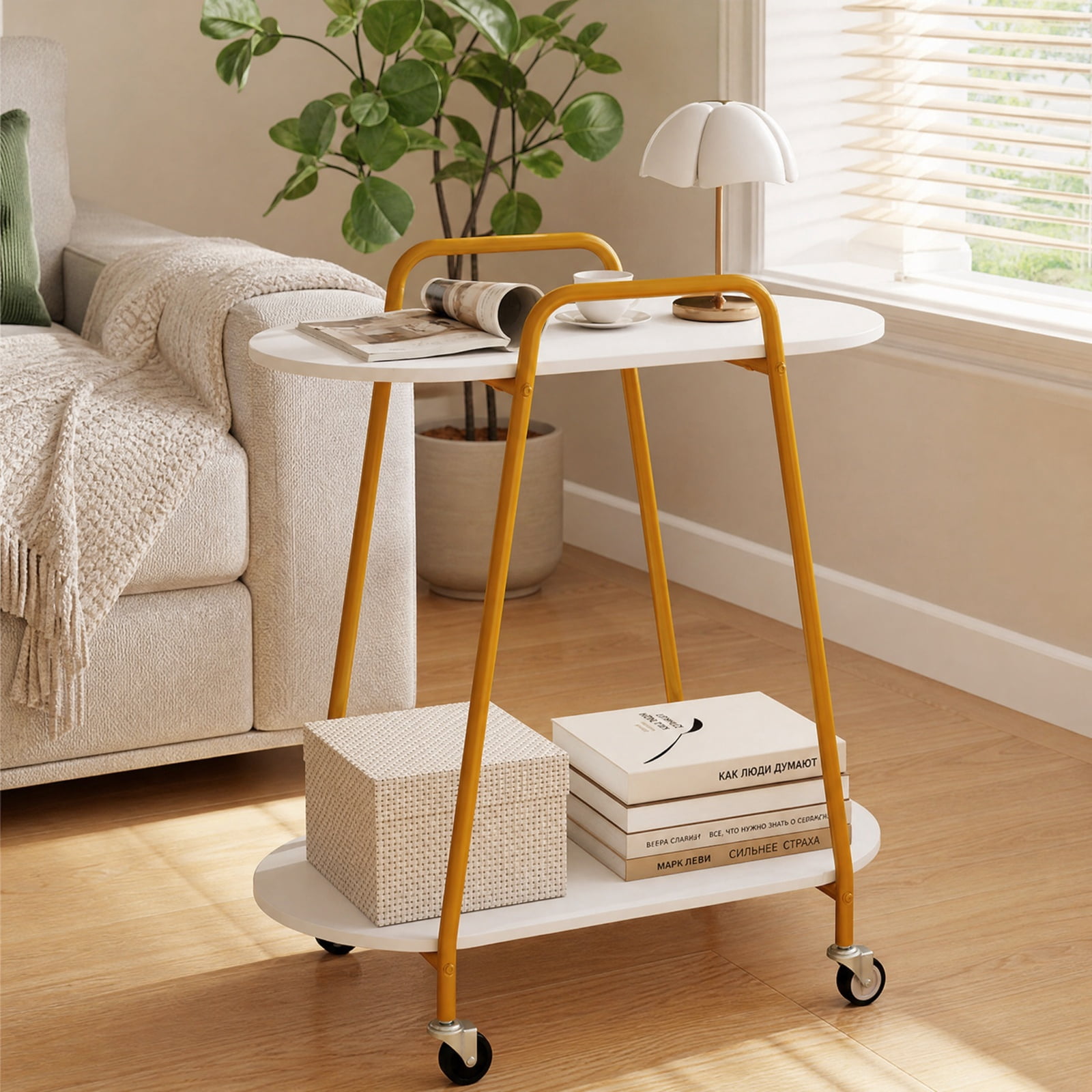 Furnibear 2 Tier Rolling End Table with Faux Marble Top and Lockable Wheels for Small Living Room Bedroom and Sofa Side, White