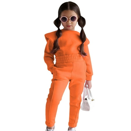 

ZCFZJW Toddler Kids Girls Two Piece Tracksuits Solid Color Long Sleeve Crewneck Sweatshirts Tops with Elastic Waistband Sweatpants Sport Set(Orange 4-5 Years)