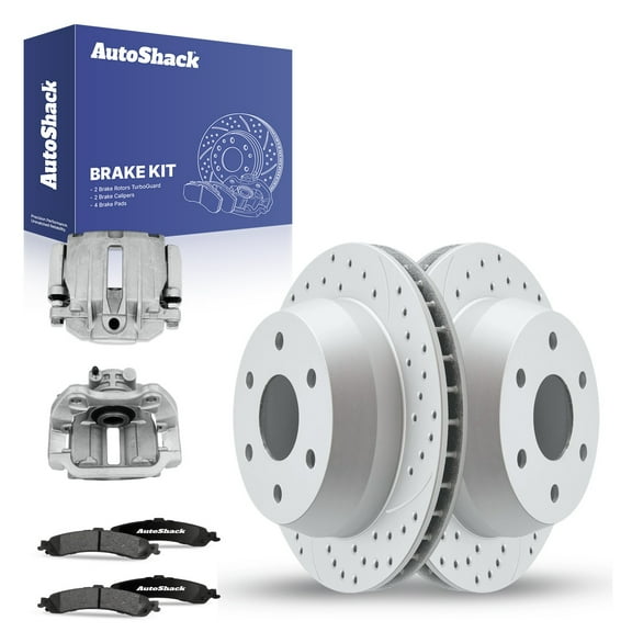 AutoShack Rear Drilled & Slotted Brake Rotors Ceramic Brake Pads Calipers | Replacement for Chevrolet Silverado 1500 2005-2006 GMC Sierra 1500 4WD | Silver Matte Finish | 8-PC Brake Kit | TurboGuard
