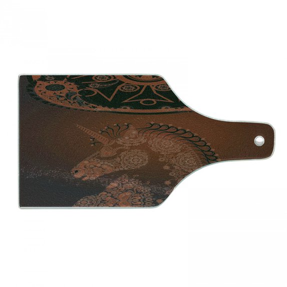 Unicorn Cutting Board, Unicorn Profile with Exotic Laced Design Mandala Details Design Art, Decorative Tempered Glass Cutting and Serving Board, Wine Bottle Shape, Burgundy, by Ambesonne