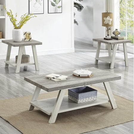 YWEN Furniture Athens Contemporary 3-Piece Wood Shelf Coffee Table Set