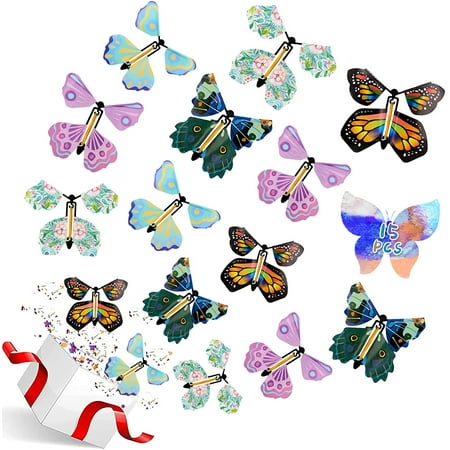15 PCS Magic Flying Butterfly Fairy Flying Toys Wind up Rubber Band Powered Butterfly Toys Decoration for Colorful Bookmark and Greeting Card Surprise Gift