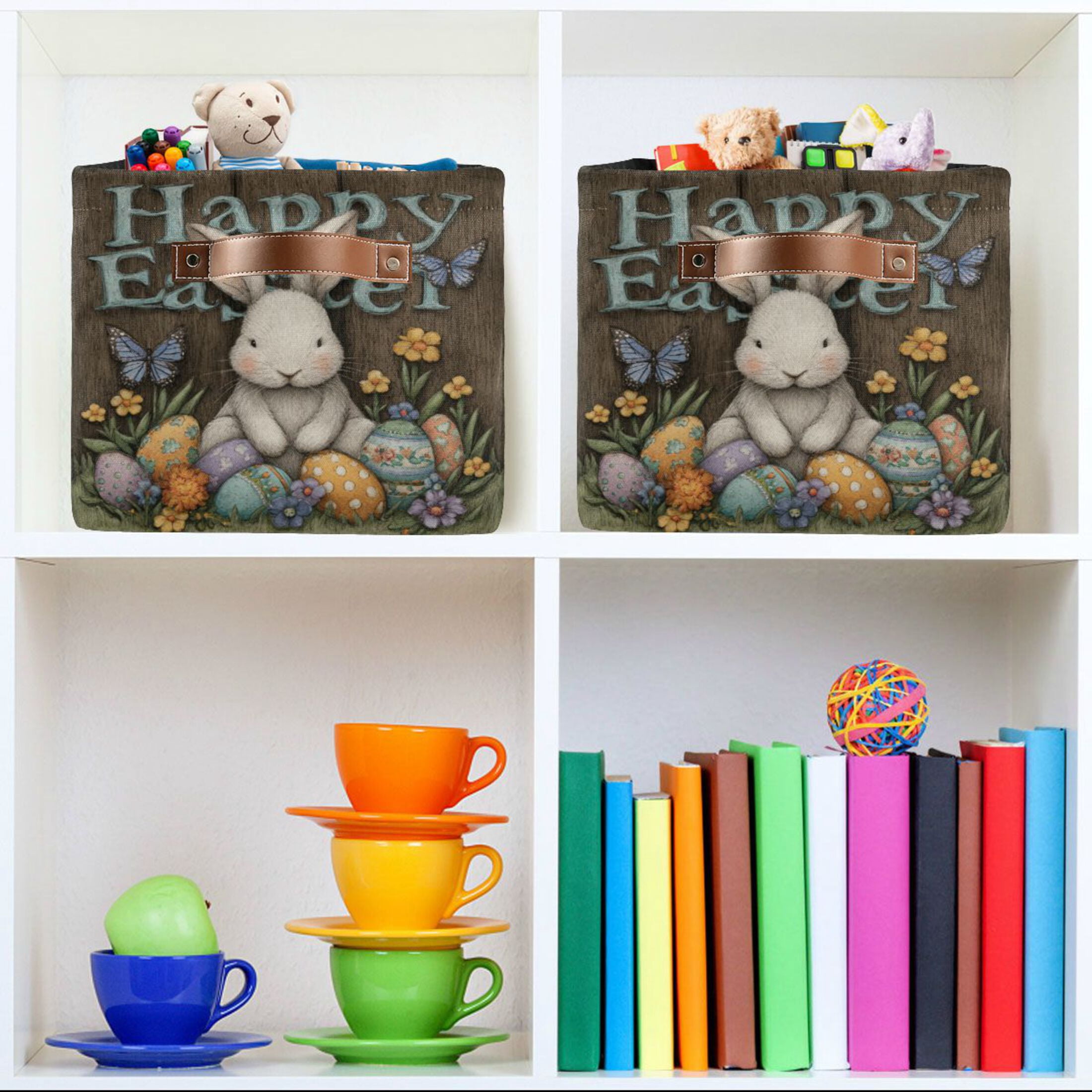 Wobogo Cute Easter Bunny Square Storage Basket Set of 2 with Waterproof Canvas and PE Lining Durable PU Leather Handles 14.2×10.2×8.3in