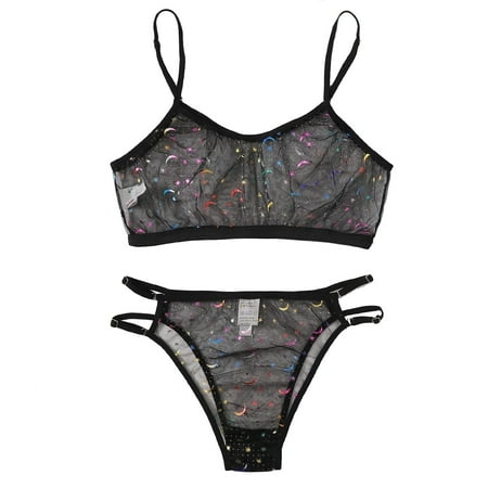 

KDDYLITQ Women s Teddy Babydoll Bra and Panty Sets Embroidery Strappy Lingerie Mesh Sexy Lingerie Set Black S