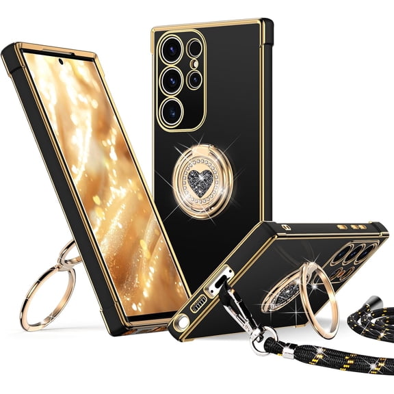 ZUKKASHAN for Samsung Galaxy S24 Ultra Case with Stand, Double Ring Holder Case Heart with Lanyard for Girls Women, Luxury Cute Bling Protective Phone Cover Case for Samsung S24 Ultra