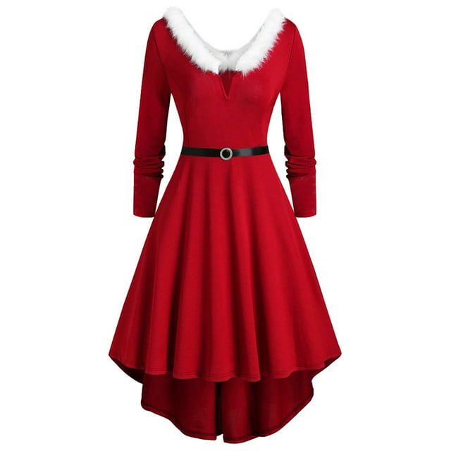 TIMIFIS Robes de Noël Femmes Grande Taille Robe Unie Manches Longues Col en V Fourrure Dos Nu - Printemps