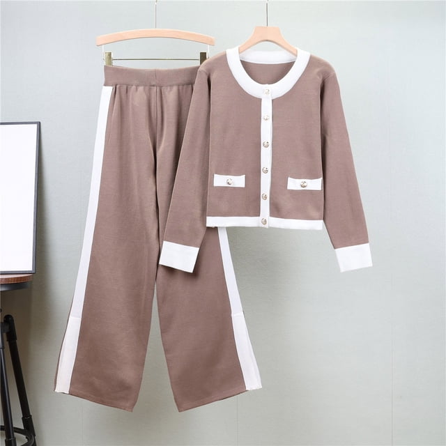 Aqestyerly Ensembles pour Femmes 2024 Ensembles Décontractés pour Femmes à Manches Longues à Col Rond Chandails Hauts à Rayures Pantalons Longs Ensembles