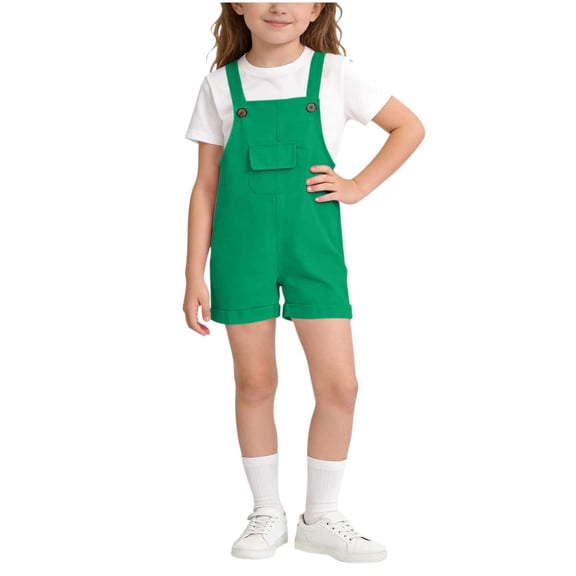 OGLCCG Girls Overalls Shorts Solid Color Sleeveless Suspender Romper Kids Summer Casual Cute Short Bib Jumpsuit with Pocket 2-15 Years