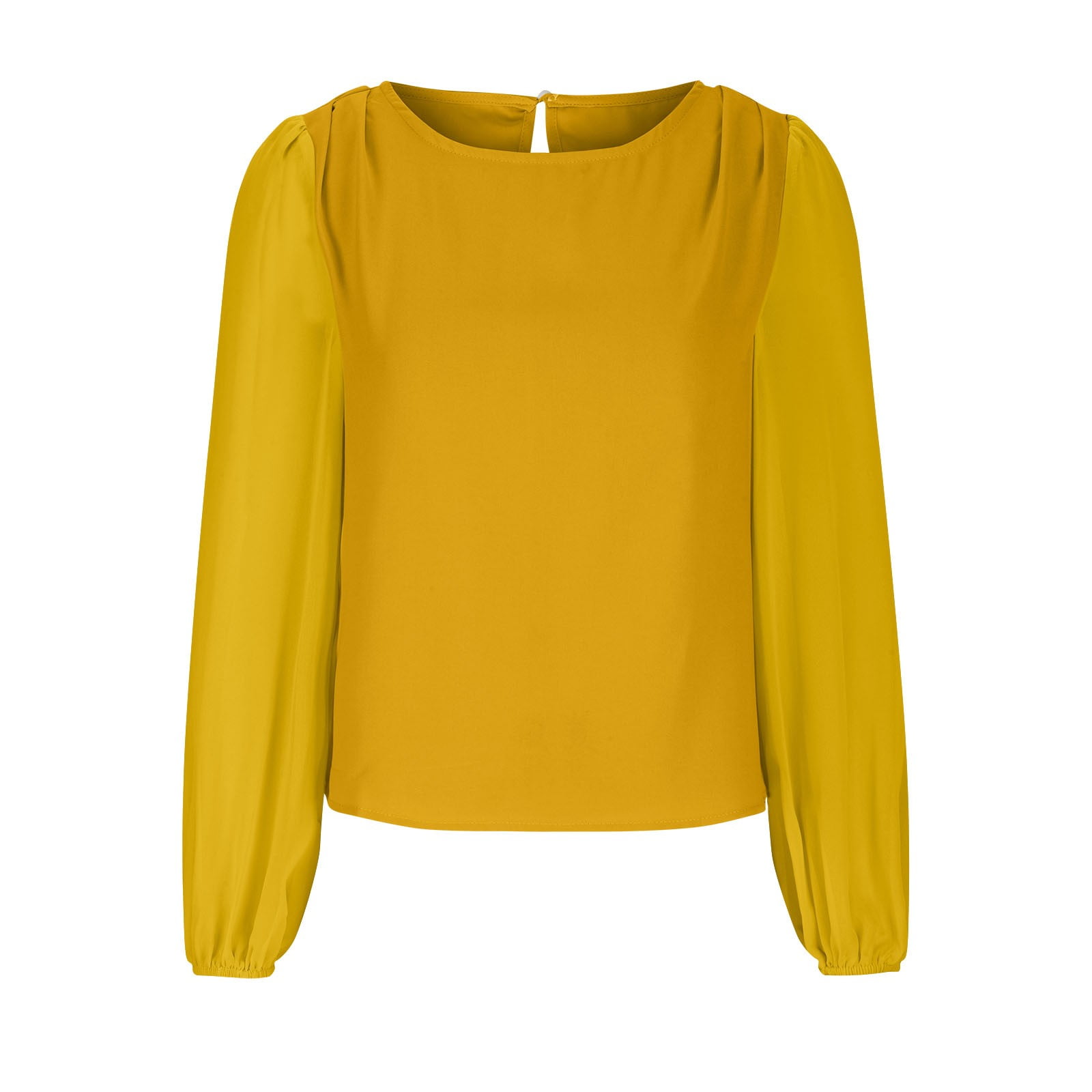 Timegard Hauts pour Femmes en Chiffon Manches Longues Bouffantes Col Rond Froncé Dos Bouton Tee-Shirts Décontractés Amples