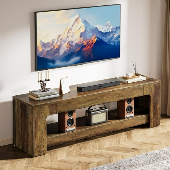 Finmind Farmhouse TV Stand for 55/60/65/75-inch TVs, 63" Long Mdeia Console & Entertainment Center with Storage Shelf for Living Room, Bedroom, Brown