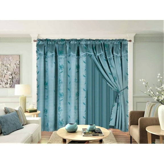 8-Piece SLATE BLUE Nada Luxury Faux Jacquard Floral Design Panel, Rod Pocket Window Curtain Set Attached Valance, Panel, And Sheer- Includes 2 Tie Backs
