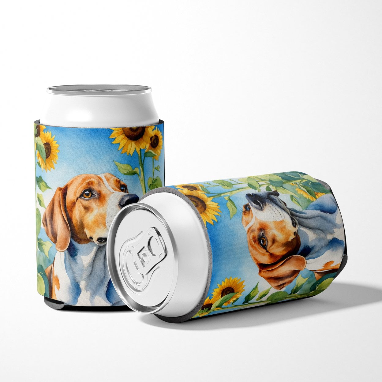 English Foxhound in Sunflowers Can or Bottle Hugger 3 in x 5 in