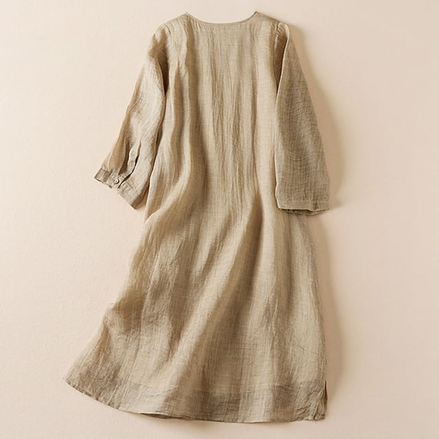 Fankiway Robe d'Été Douce Broderie Col Rond Ample Confortable Mi-Longue Manches 3/4 pour Femmes Robes Grande Taille pour Femmes Rondes Robes de Printemps pour Femmes 6318