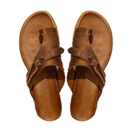 

Duixinghas 1 Pair Beach Slippers Flat Retro Faux Leather Slip-on Open Toe Anti-slip Women Summer Casual Flip Flops Slides Footwear