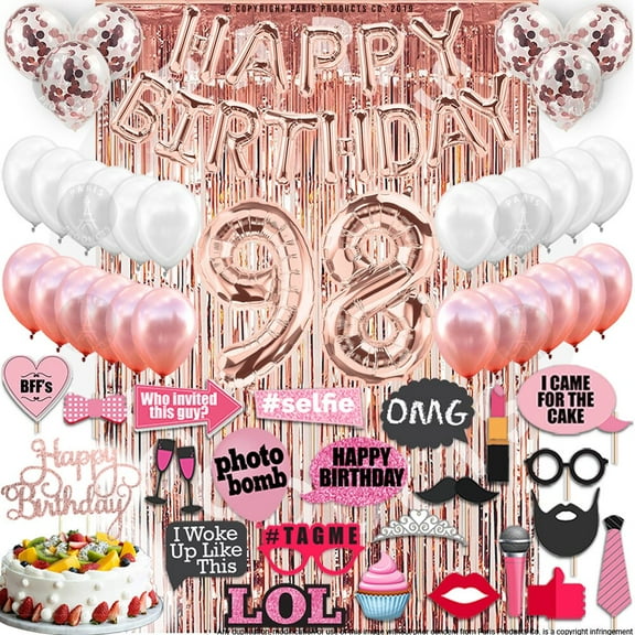 98th Birthday Decoration Rose Gold, 98 Party Supplies Decoration, 98th Sash, 98 Cake Topper, 98th Photo Props, confetti Balloons, Curtain