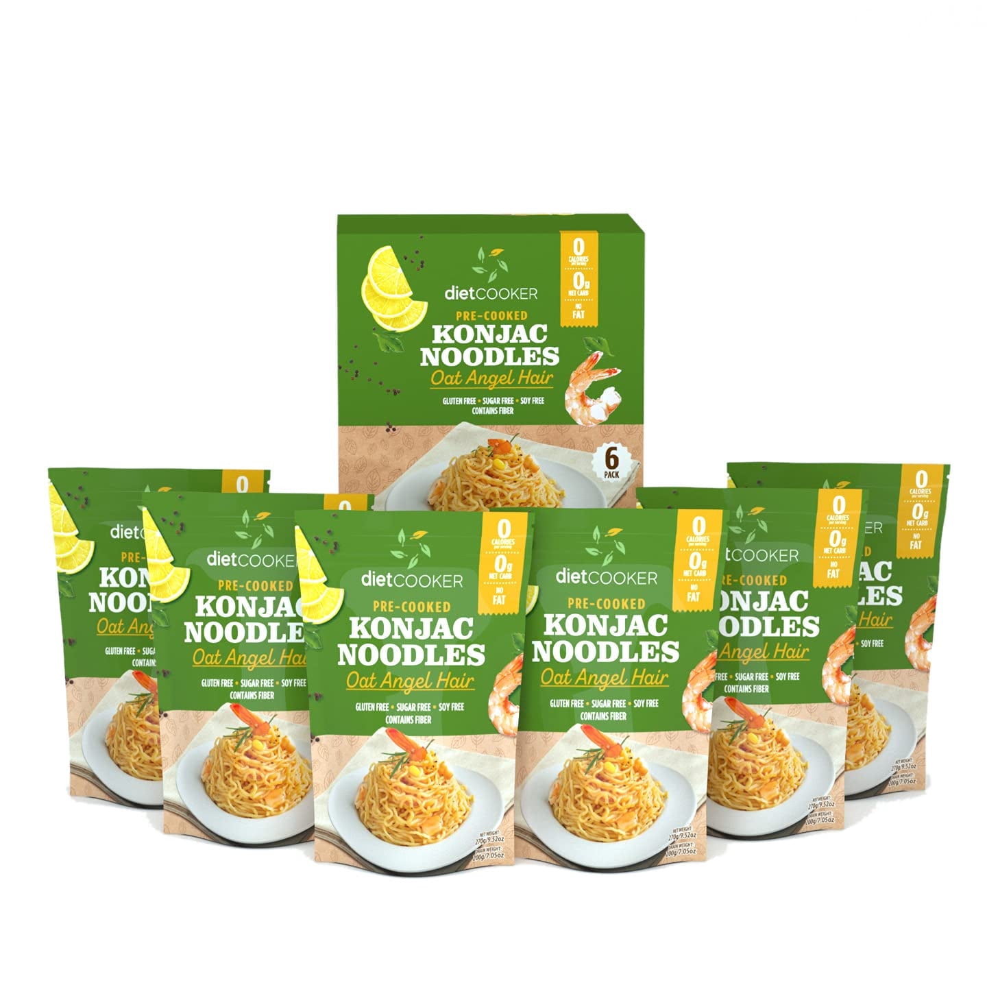 DIET COOKER Premium Konjac Noodles, Shirataki Noodle, Keto & Vegan Friendly, Odor Free, Low Calorie Pasta, Zero Net Carbs, Healthy Diet Food 9.52 Ounce Oat Angel Hair (6 Bags)