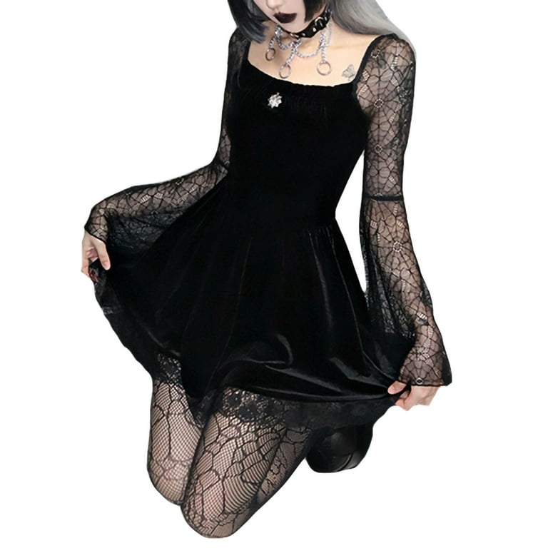 Nokiwiqis Women Gothic Lolita Dress Fairy Grunge Punk Black Goth Dress Lace  Patchwork Flare Sleeve A-Line Dresses Halloween Outfit