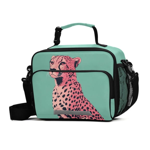FORMRS Student Insulated Lunch Bag with Shoulder Strap Reusable Cooler Box for School, Big Pink Cheetah