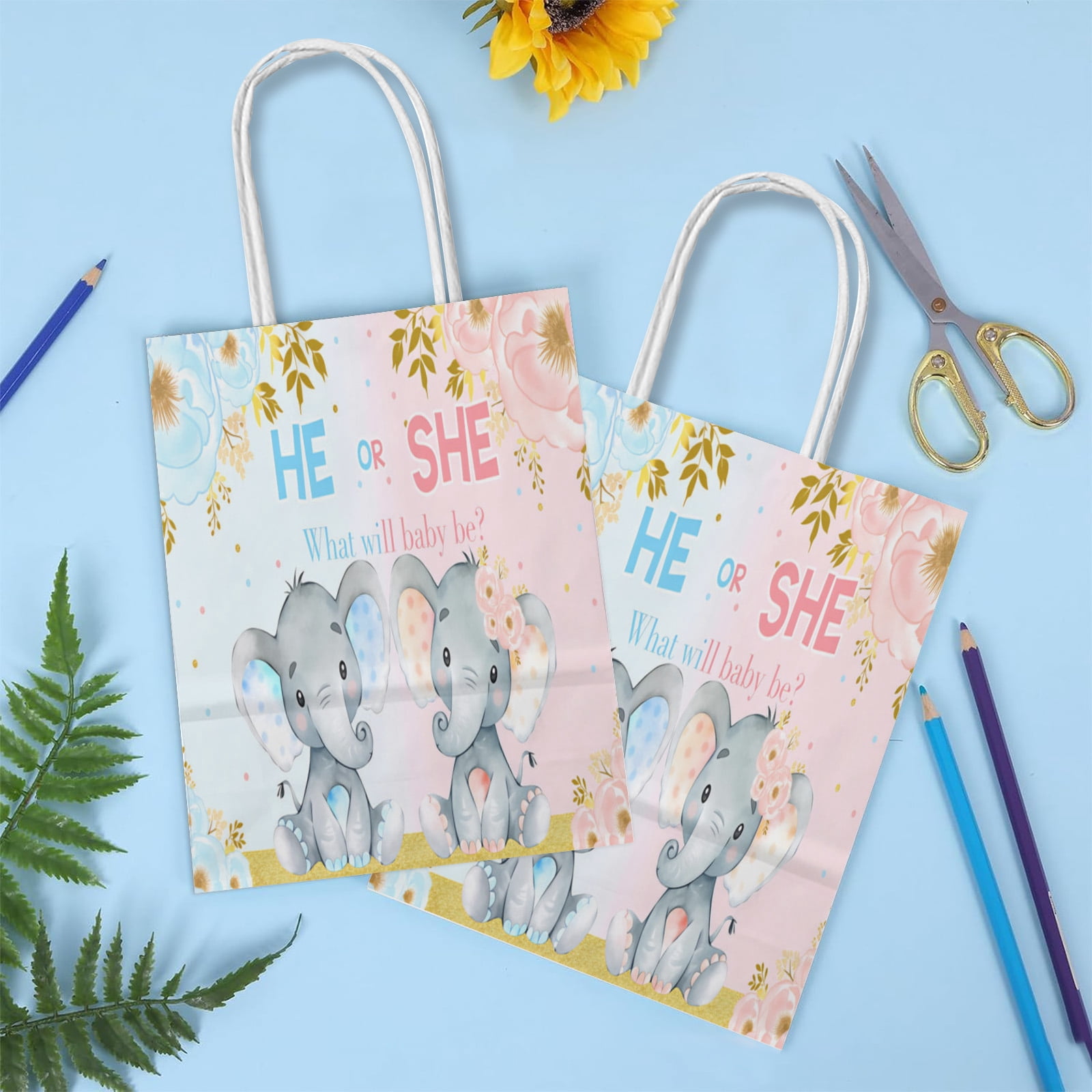YAHAFEPY 20Pcs Baby Elephant Party Favor Bags for Girl or Boy Gender Reveal Supplies Blue and Blush Pink Floral Baby Shower Party Decorations