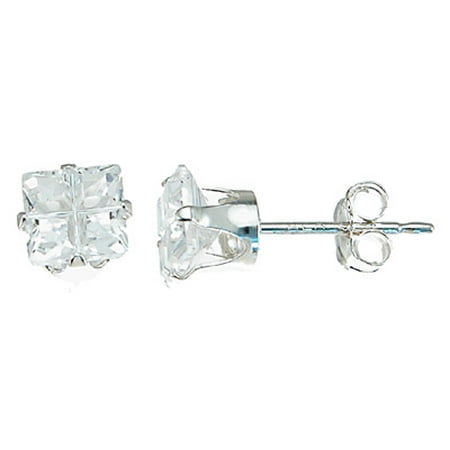 Cubic Zirconia Stud Earrings For Women Makes Unique Birthday Gift For Girlfriend, Princess Cut Sterling Silver Stud Earrings