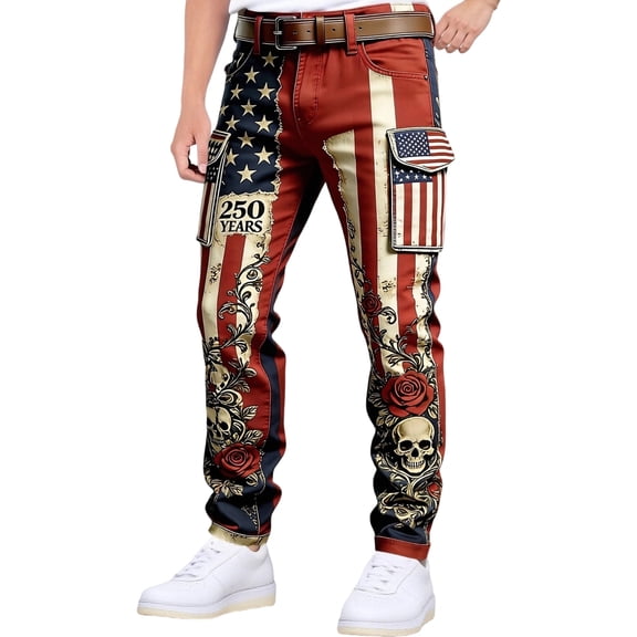 CONZONE American 250Th Anniversary Mens Cargo Pants Patriotic Usa Flag Graphic Wide Leg Cargo Pants for Men Lightweight Relaxed Fit 4Th Of July Trousers With Pockets