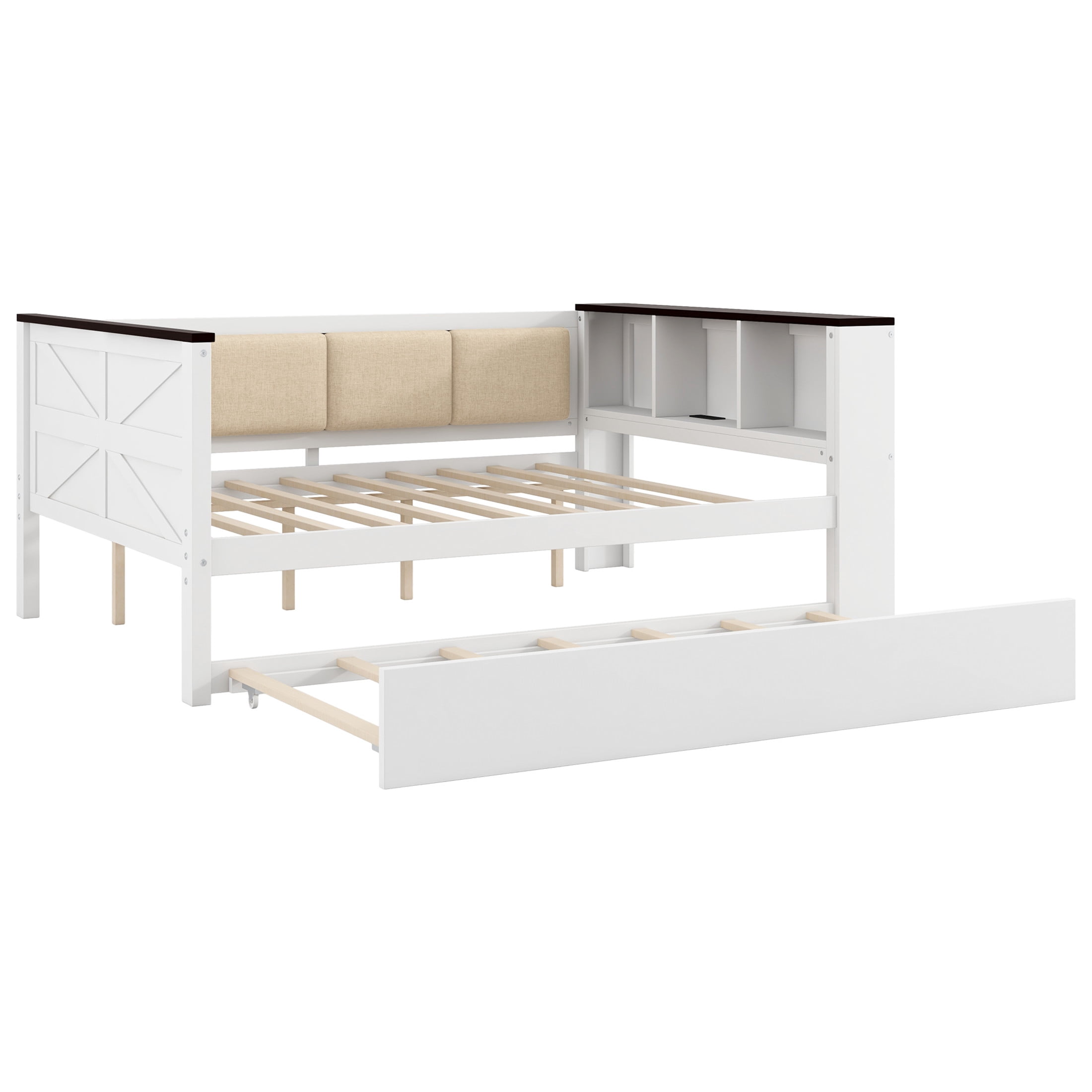 Noble House Full Size Daybed with Trundle and USB, Wood Sofa Bed with Storage Shelves, Upholstered Backrest, White