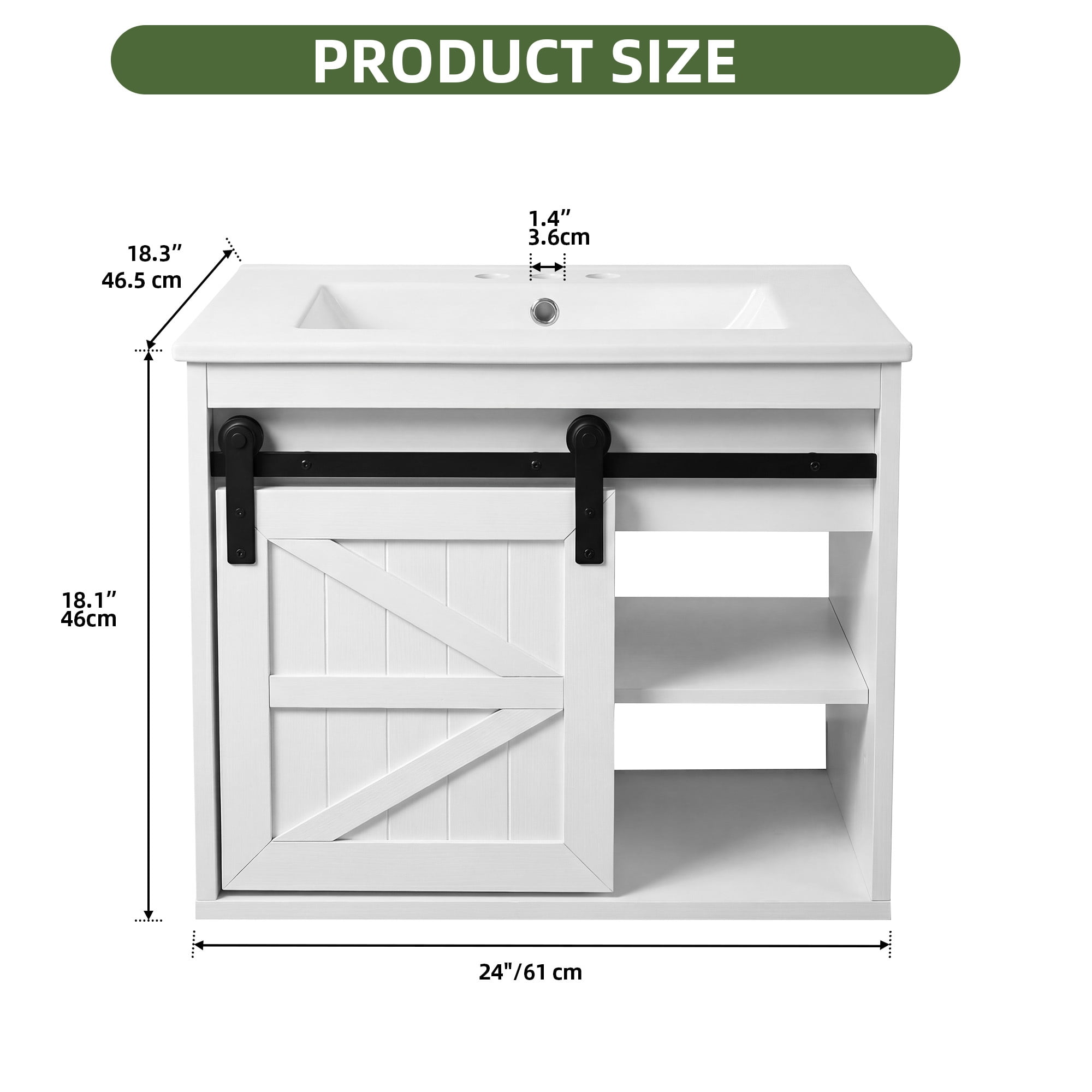 Uforic 24 Inch Farmhouse Floating Bathroom Vanity with Ceramic Sink, 7-Color LED Ambient Light & Sliding Barn Door for Small Compact Bathroom Spaces, White